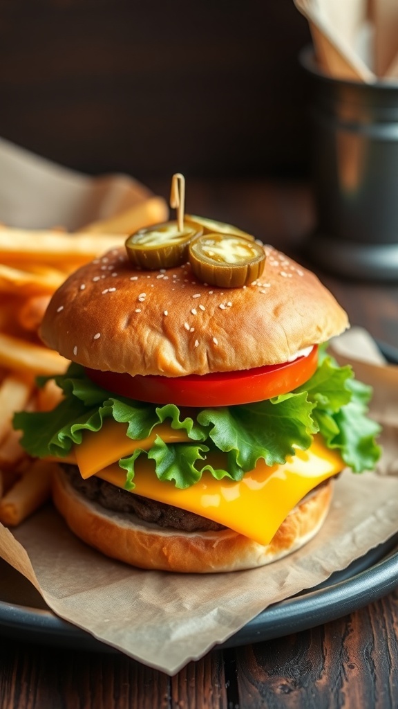A classic cheeseburger with melted cheese, lettuce, and tomato on a toasted bun, accompanied by fries.